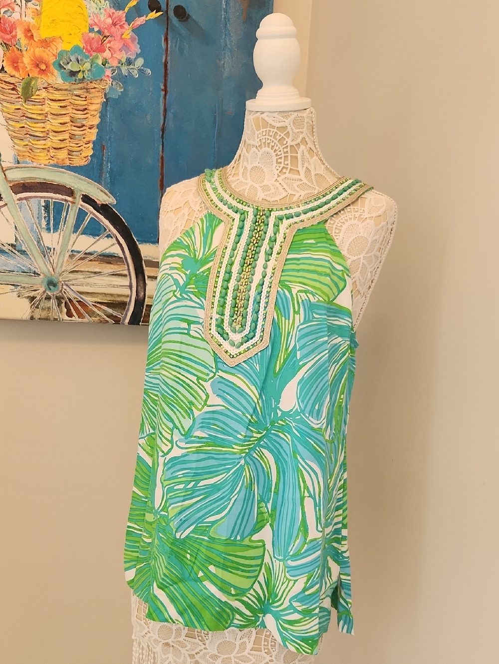 Lilly Pulitzer Beaded Halter Tropical Print Top in Aqua & Lime